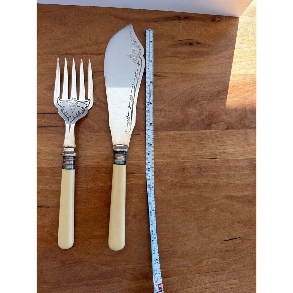 Antique HH EPNS Engraved Fish Serving Set with Faux‎ Bone Handles